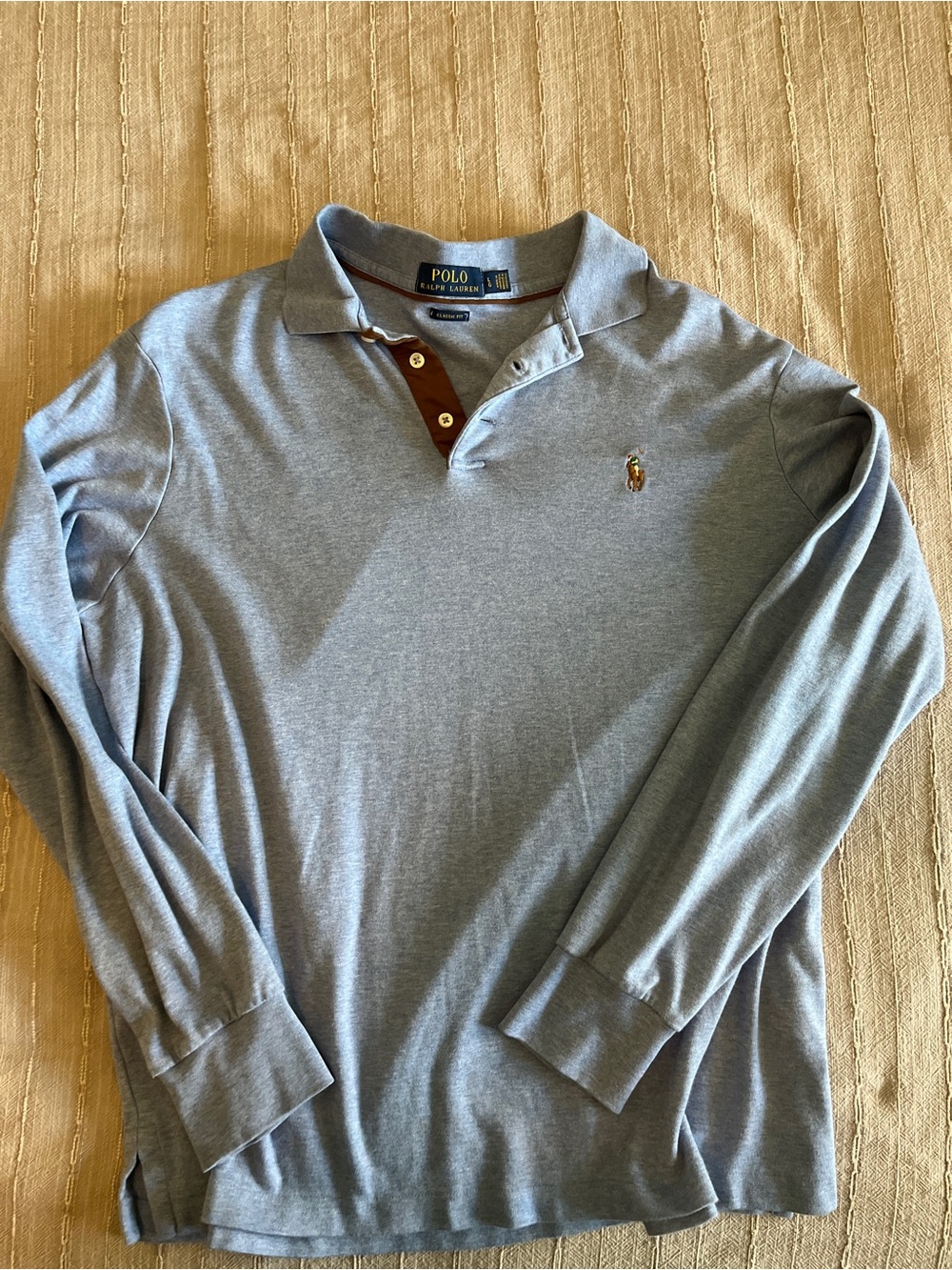 Ralph Lauren Long-Sleeve Polo Shirt in Light Blue with Brown Contrast Placket